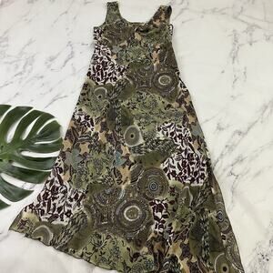 Tribal Womens Vintage Y2k Slip Maxi Dress Size 8 Green Tan Paisley Floral